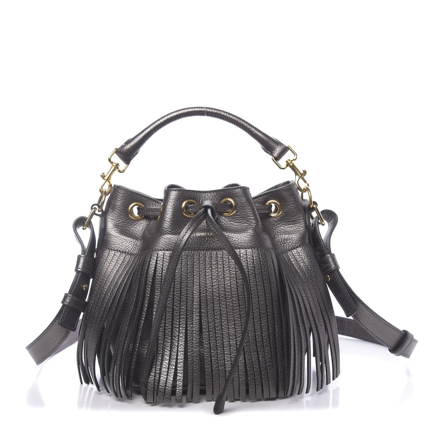 Metallic Goatskin Small Emmanuelle Fringe Bucket Bag Graphite