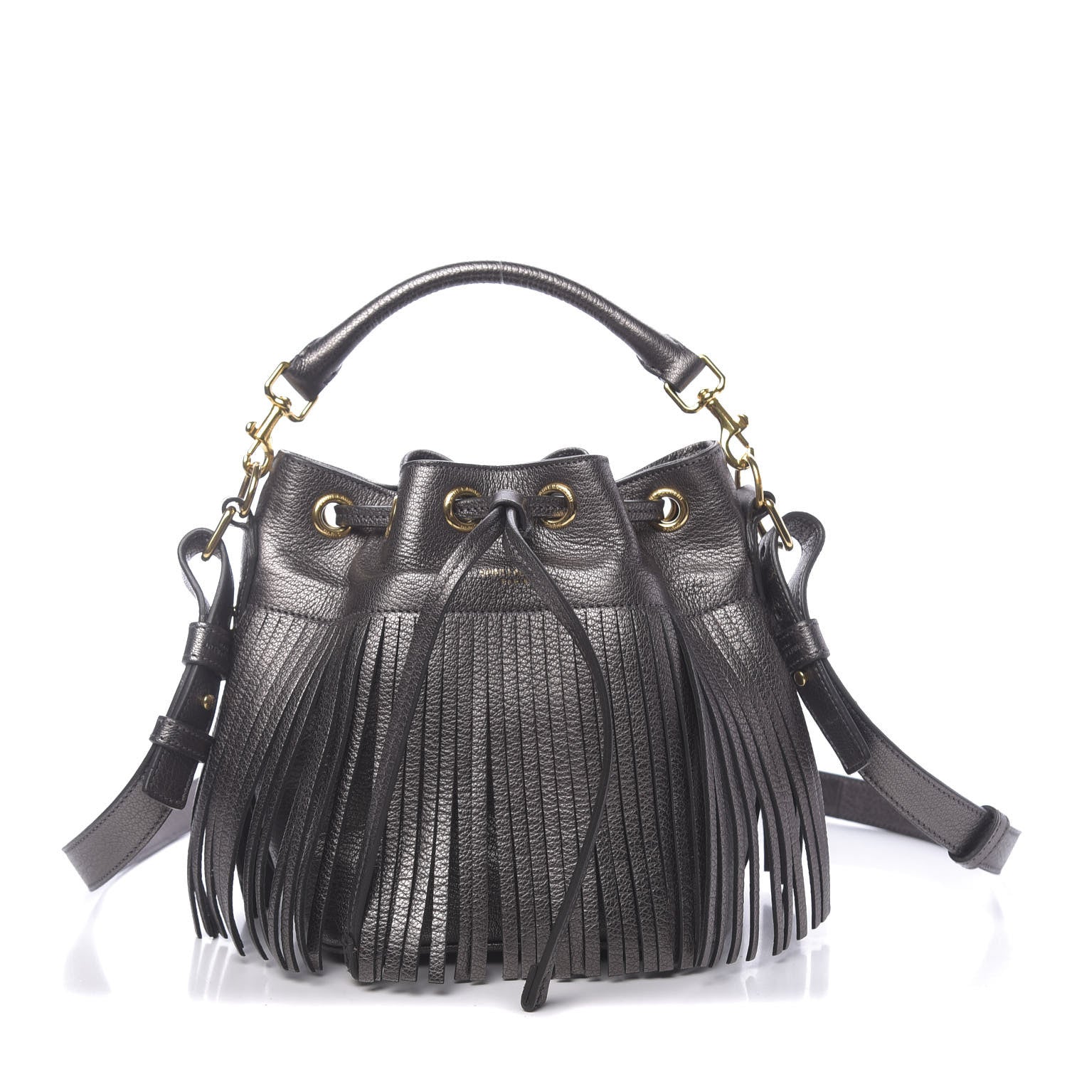 Saint Laurent Metallic Goatskin Small Emmanuelle Fringe Bucket Bag Graphite 1 of 10