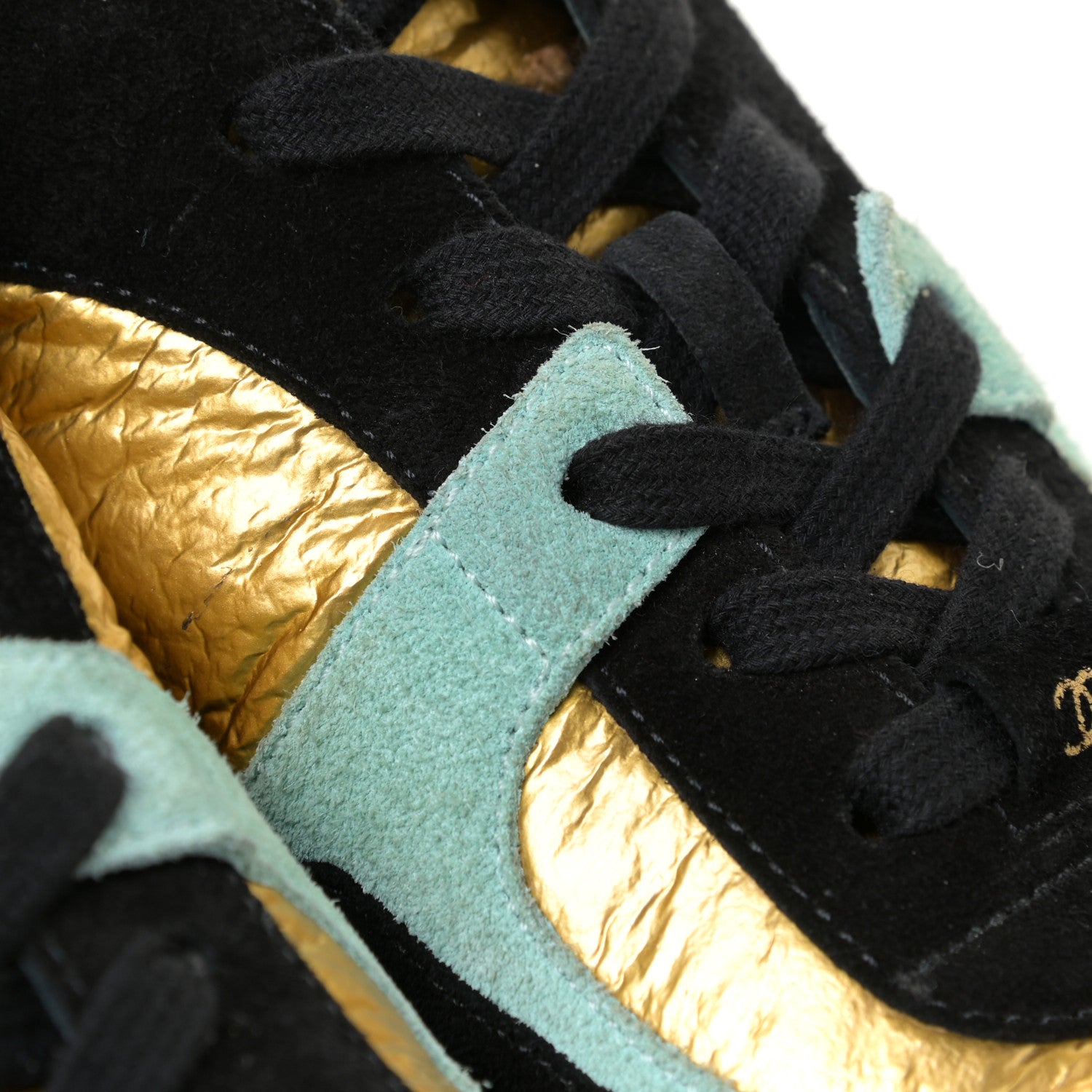 Chanel Fabric Calfskin Suede CC Womens Sneakers 41 Black Turquoise Gold 12 of 12
