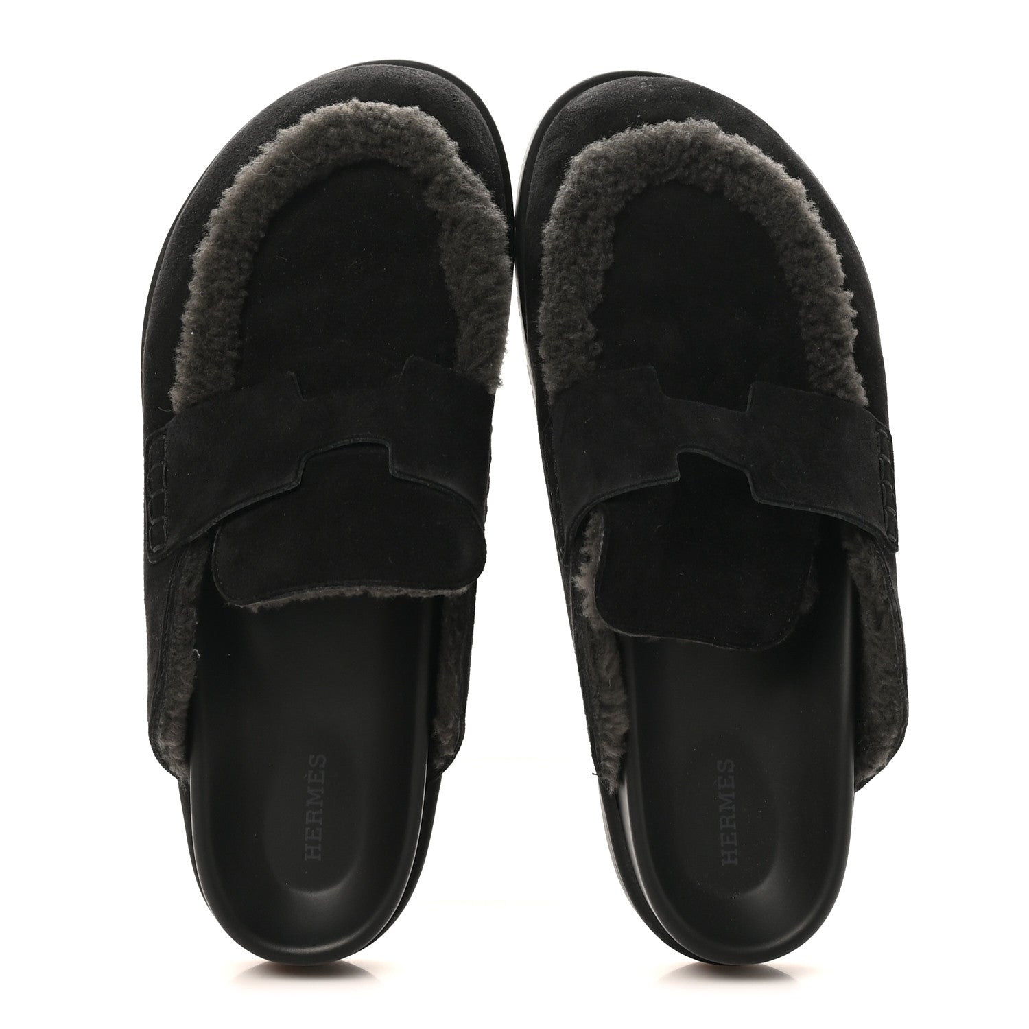 Hermes Suede Goatskin Shearling Mens Go Mules 43.5 Black 2 of 10