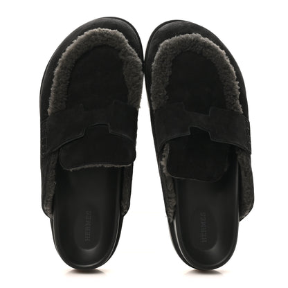 Hermes Suede Goatskin Shearling Mens Go Mules 43.5 Black 2 of 10