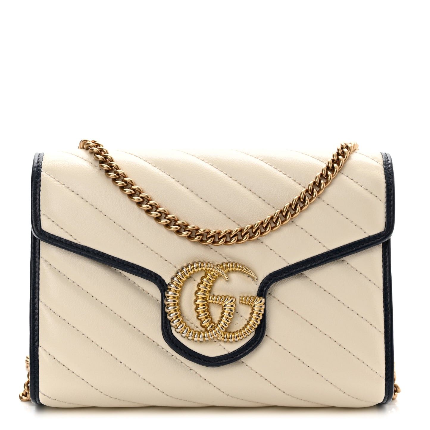 Vintage Effect Calfskin Matelasse Diagonal Torchon GG Marmont Chain Wallet Mystic White Blue Agata