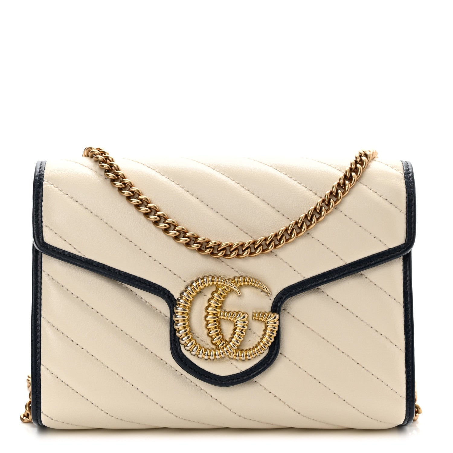 Gucci Vintage Effect Calfskin Matelasse Diagonal Torchon GG Marmont Chain Wallet Mystic White Blue Agata 1 of 11