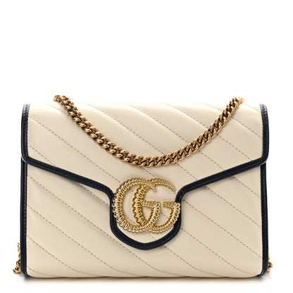 Gucci Vintage Effect Calfskin Matelasse Diagonal Torchon GG Marmont Chain Wallet Mystic White Blue Agata 1 of 11