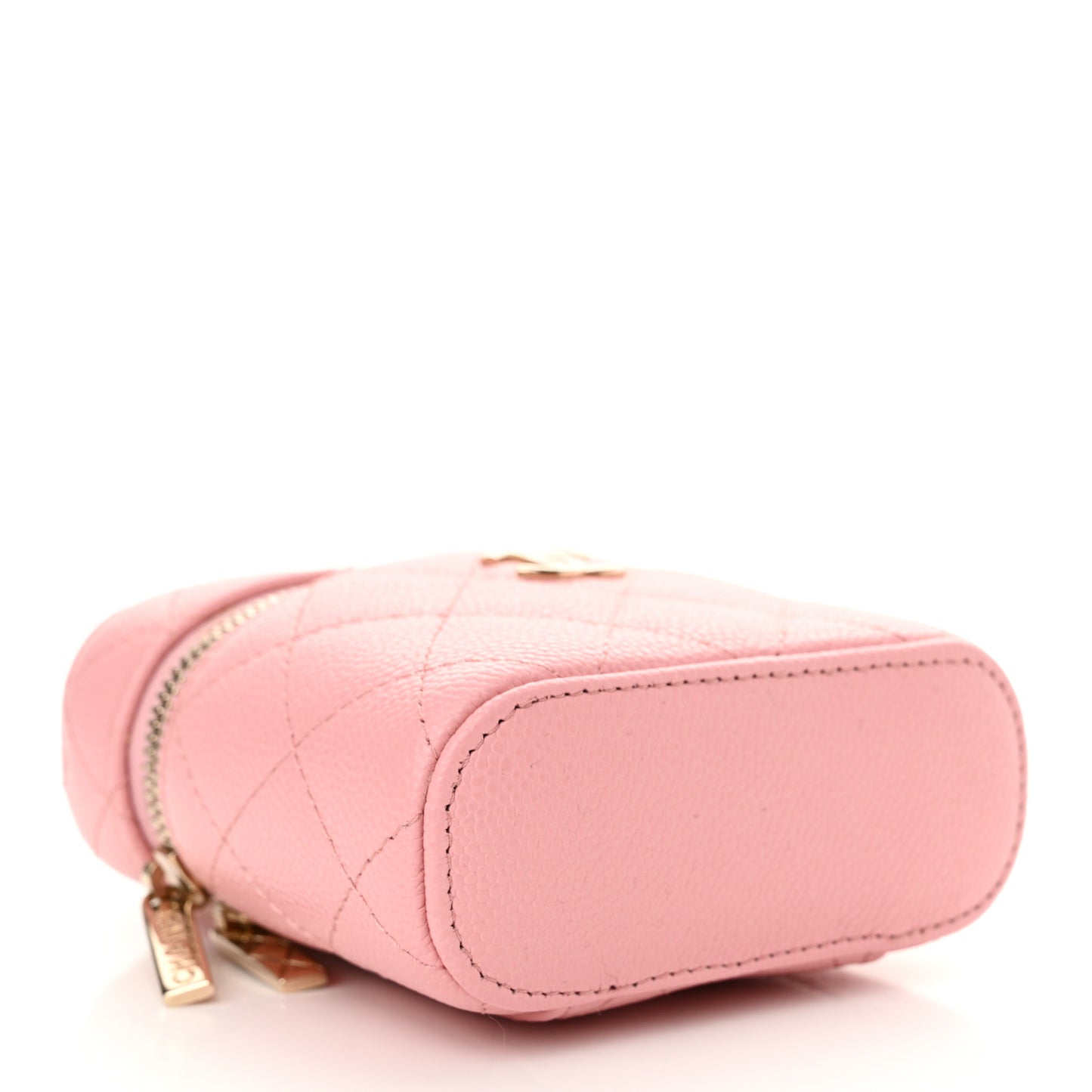 Caviar Quilted Small Handle With Care Vanity Case With Chain Pink