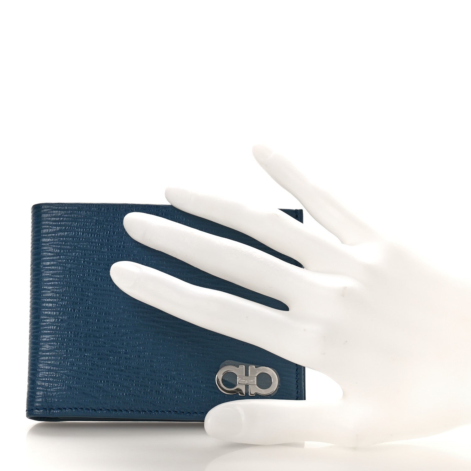 Salvatore Ferragamo Stamped Calfskin Gancini Revival Bi-Fold Wallet Blue 2 of 8