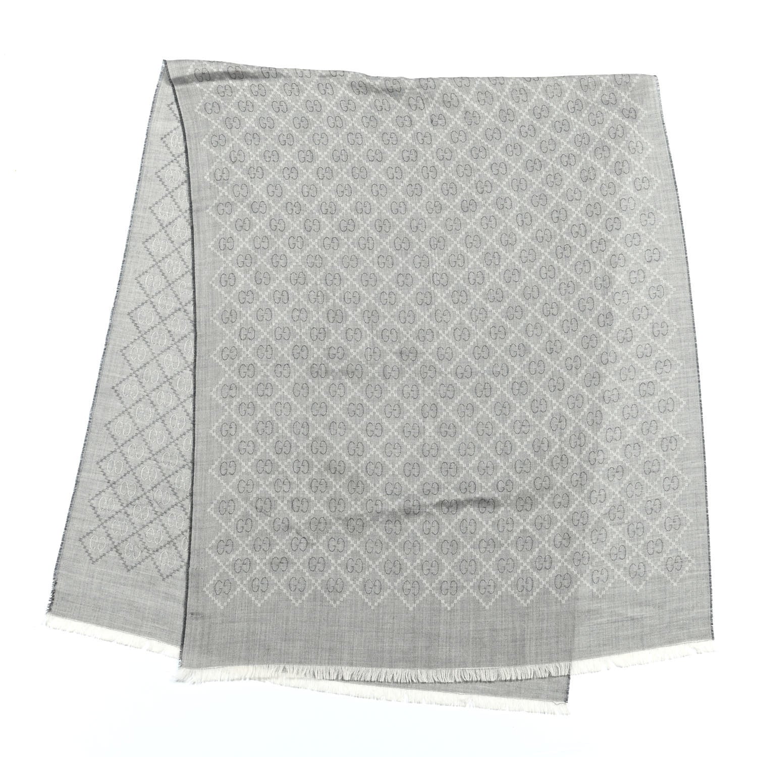 Gucci Wool Silk Monogram Diamante Fringe Scarf Grey 2 of 4