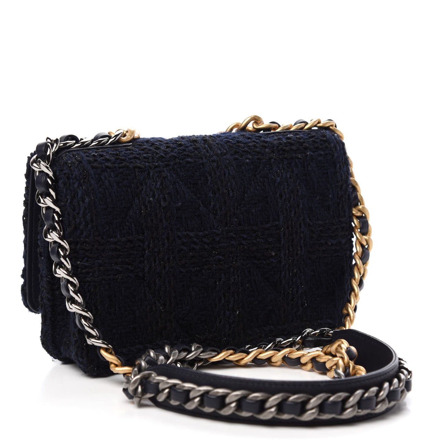 Wool Tweed Lambskin Quilted Chanel 19 Wallet On Chain WOC Blue Black