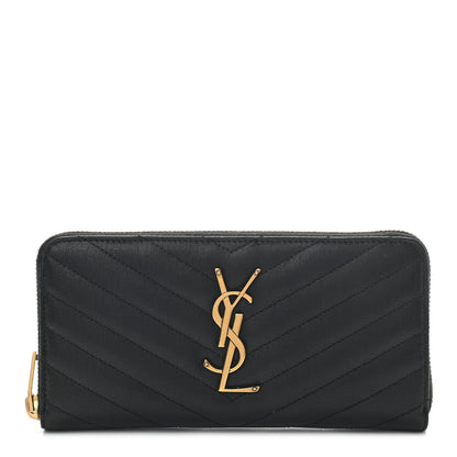 Saint Laurent Goatskin Matelasse Chevron Monogram Zip Around Wallet Black 1 of 9