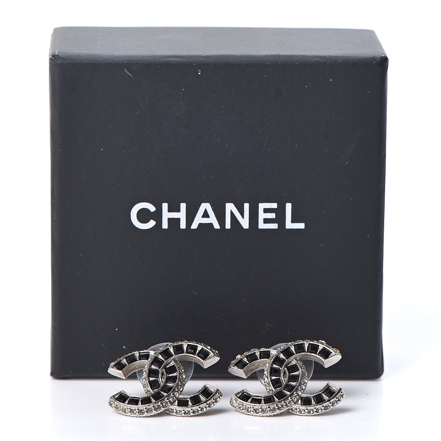 Baguette Crystal CC Earrings Black Silver