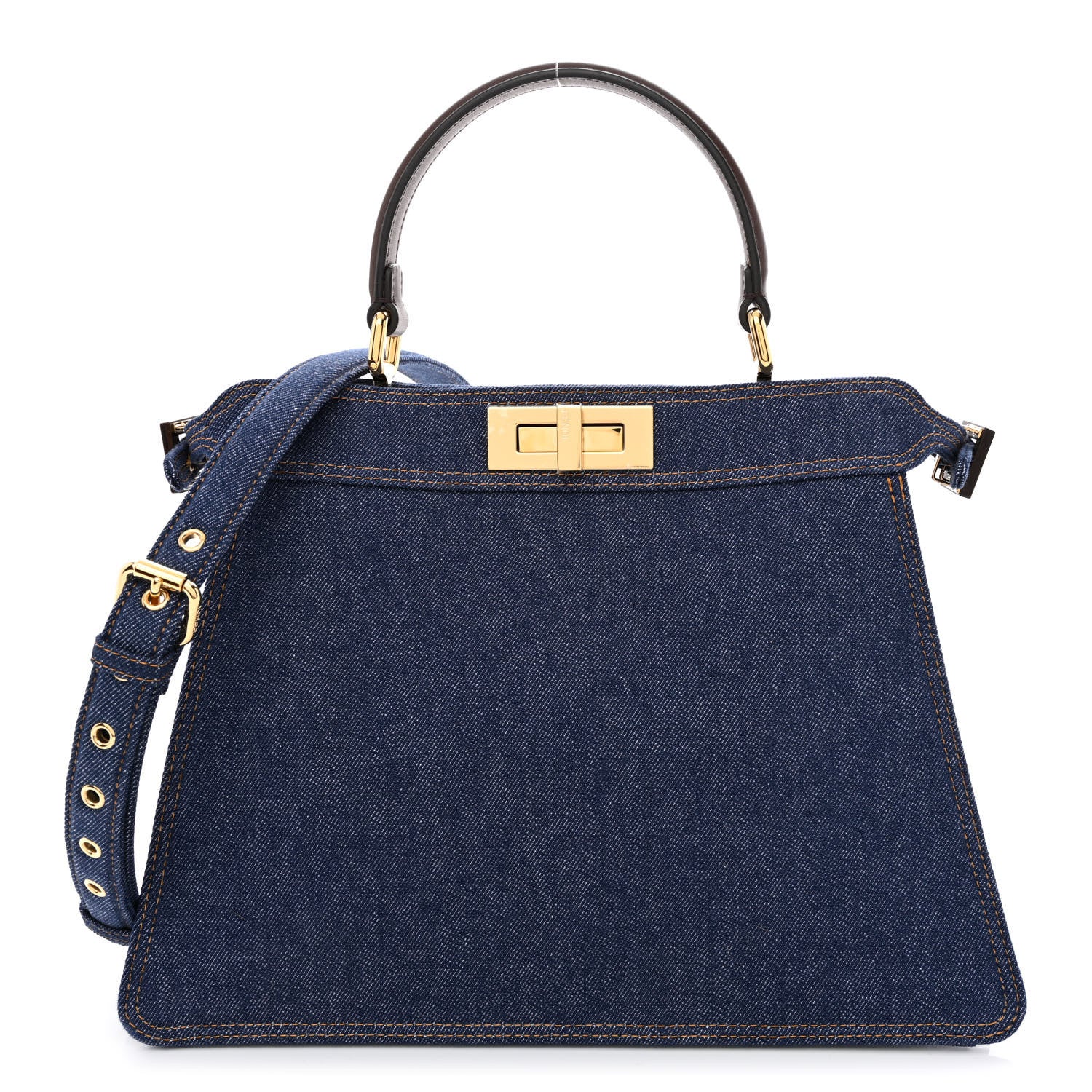 Fendi Denim Fabric Jacquard Cuoio FF 1974 Medium Peekaboo I SEE U Satchel Blue Tobacco Moro 1 of 11