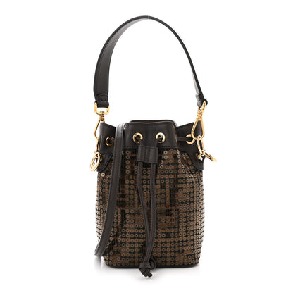 Fendi Fabric Jacquard Paillettes Vitello Seta FF 1974 Embroidered Mini Mon Tresor Bucket Bag Tobacco Moro 1 of 10