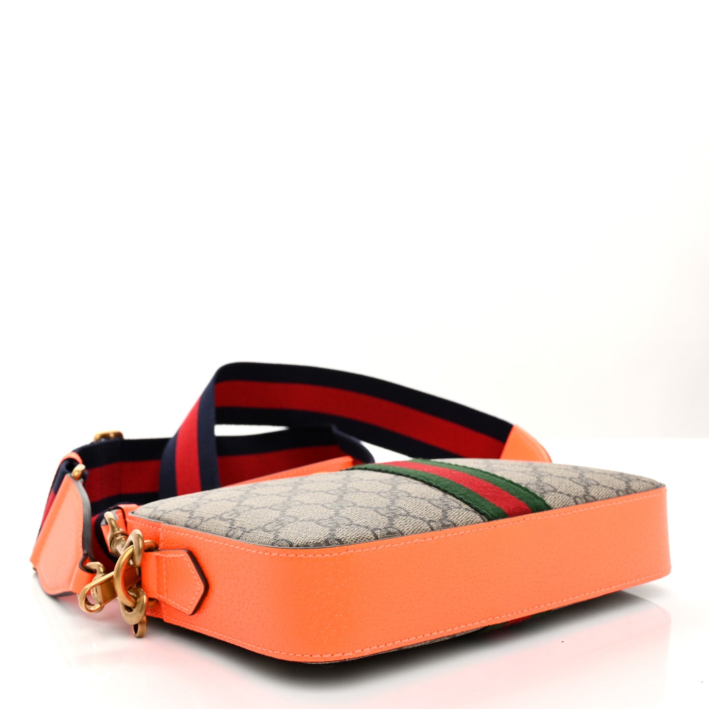 GG Supreme Monogram Textured Dollar Calfskin Web Ophidia Wristlet Shoulder Bag Beige Ebony Orange