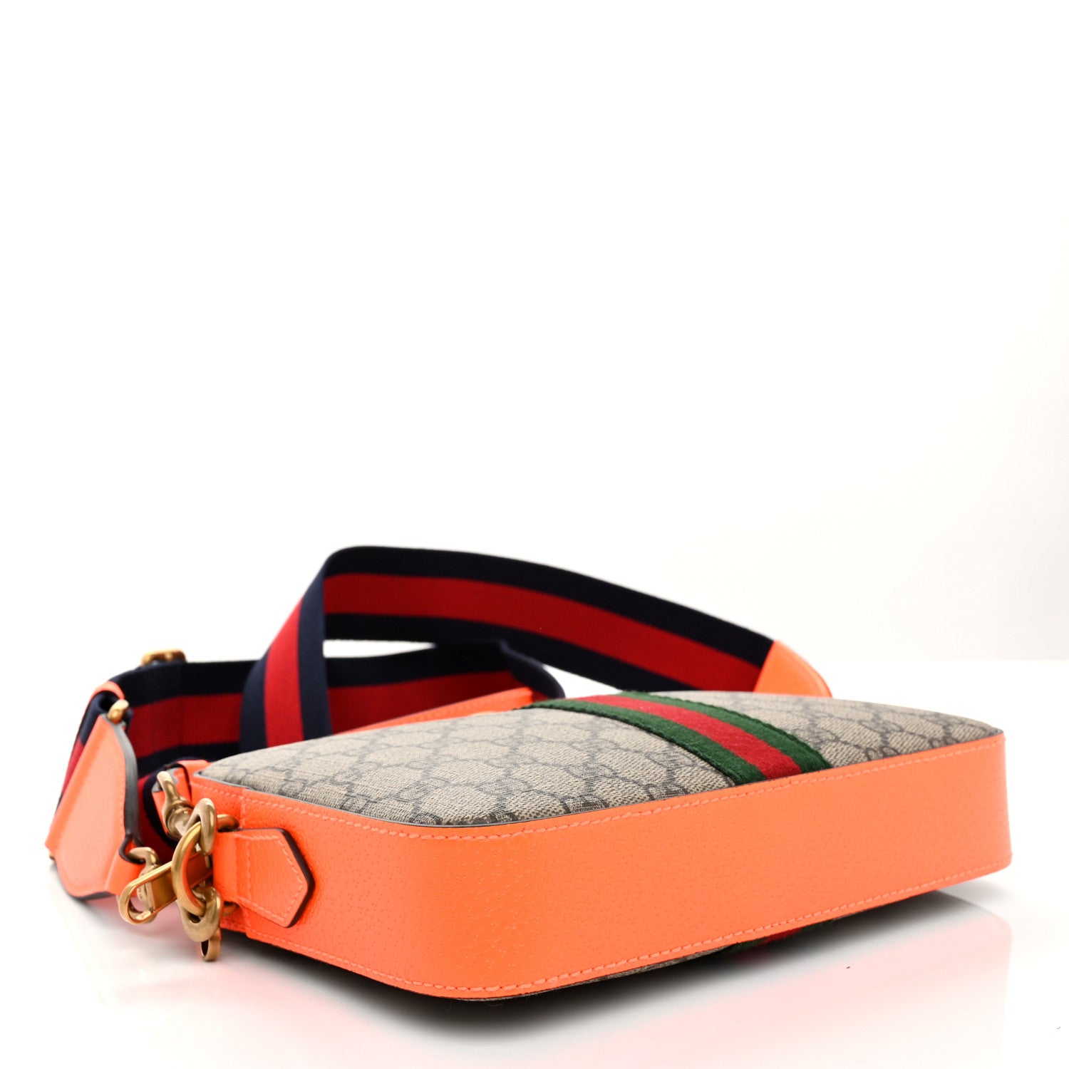 Gucci GG Supreme Monogram Textured Dollar Calfskin Web Ophidia Wristlet Shoulder Bag Beige Ebony Orange 4 of 11