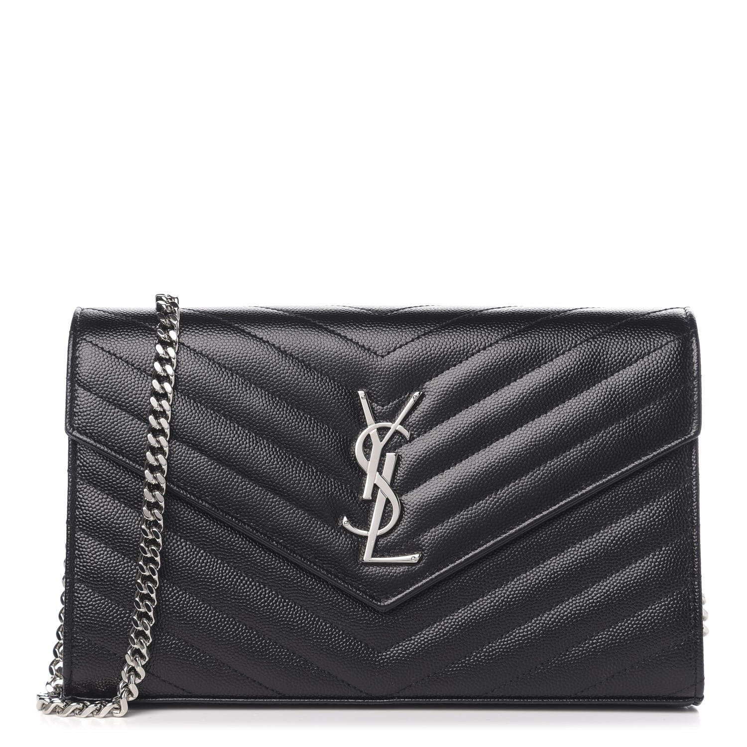 Saint Laurent Grain De Poudre Matelasse Chevron Monogram Chain Wallet Black 1 of 9