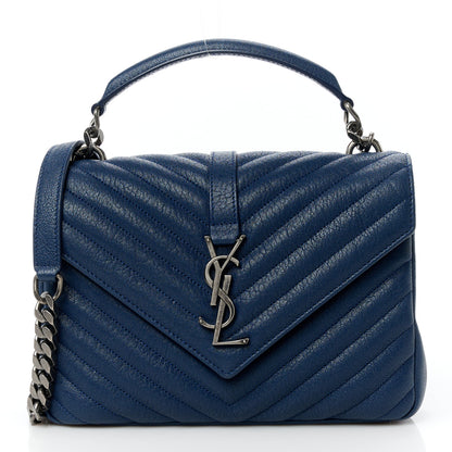 Saint Laurent Sheepskin Matelasse Chevron Monogram Medium College Bag Blue Charron 1 of 12