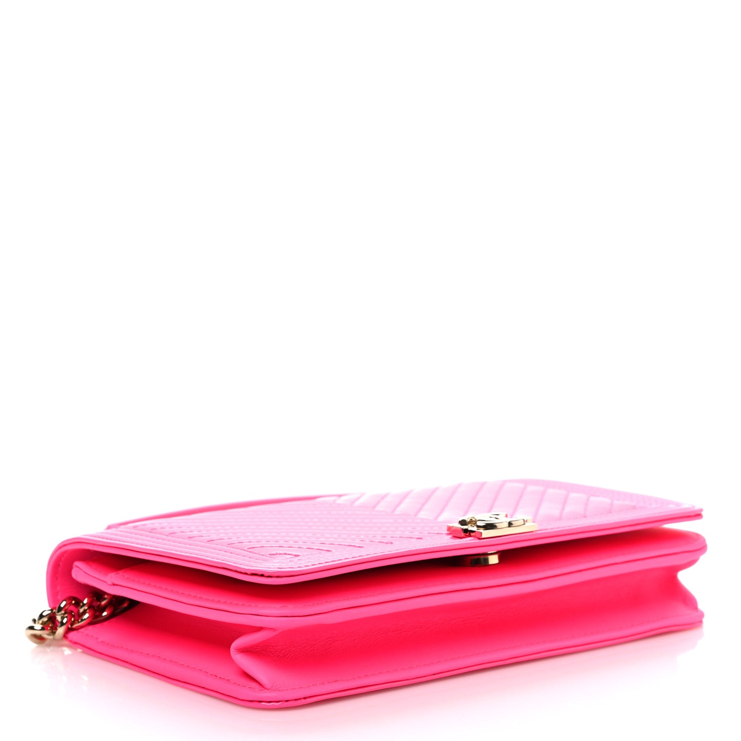 Patent Chevron Quilted Boy Wallet On Chain WOC Neon Pink