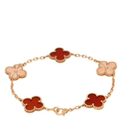 Van Cleef & Arpels 18K Rose Gold Carnelian 5 Motifs Guilloche Vintage Alhambra Bracelet 2 of 5