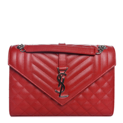 Saint Laurent Grain De Poudre Textured Mixed Matelasse Triquilt Medium Monogram Satchel Red 1 of 9