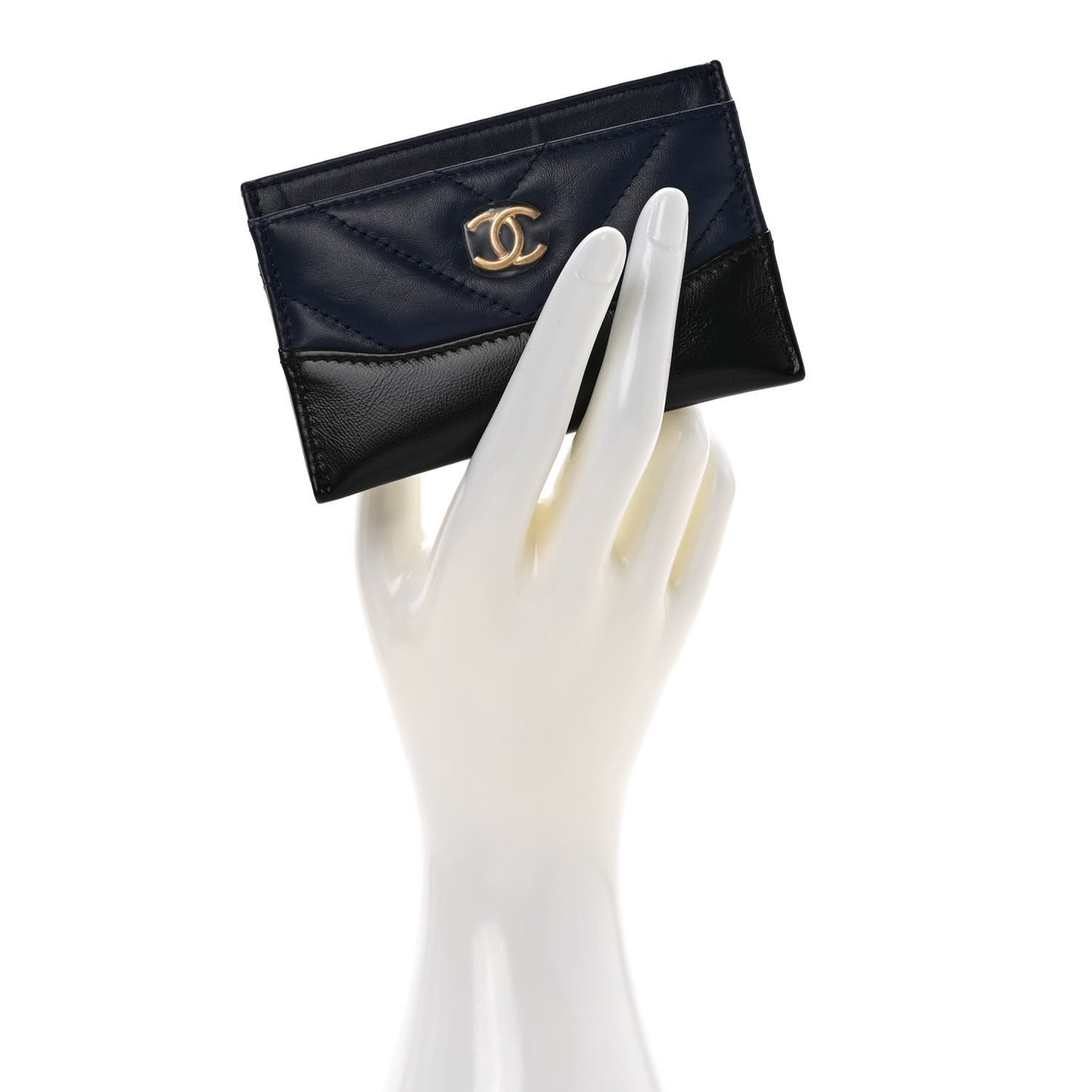 Aged Calfskin Chevron Quilted Gabrielle Card Holder Wallet Navy Black