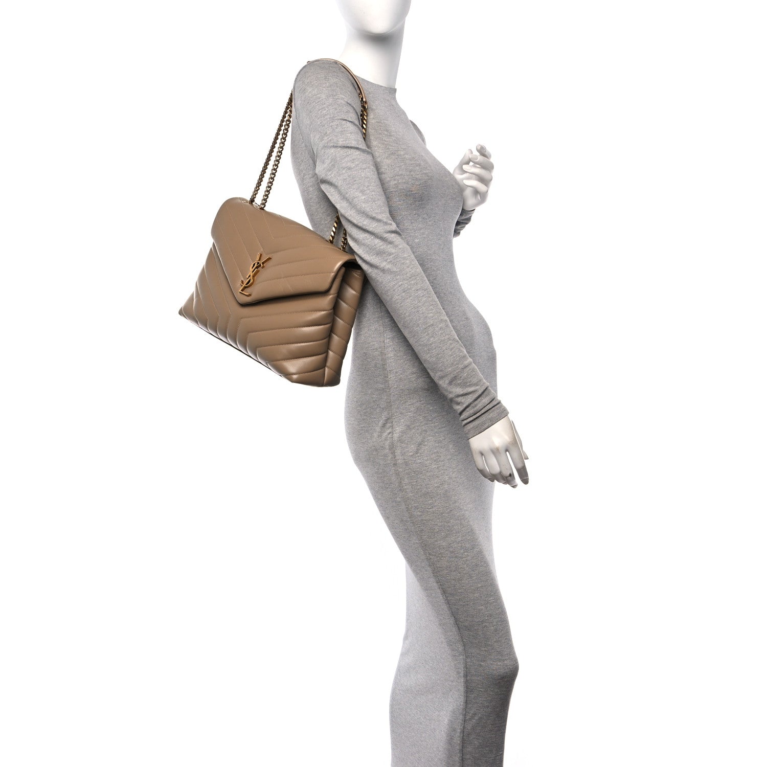 Saint Laurent Calfskin Y Quilted Monogram Medium Loulou Chain Satchel Dark Beige 2 of 10