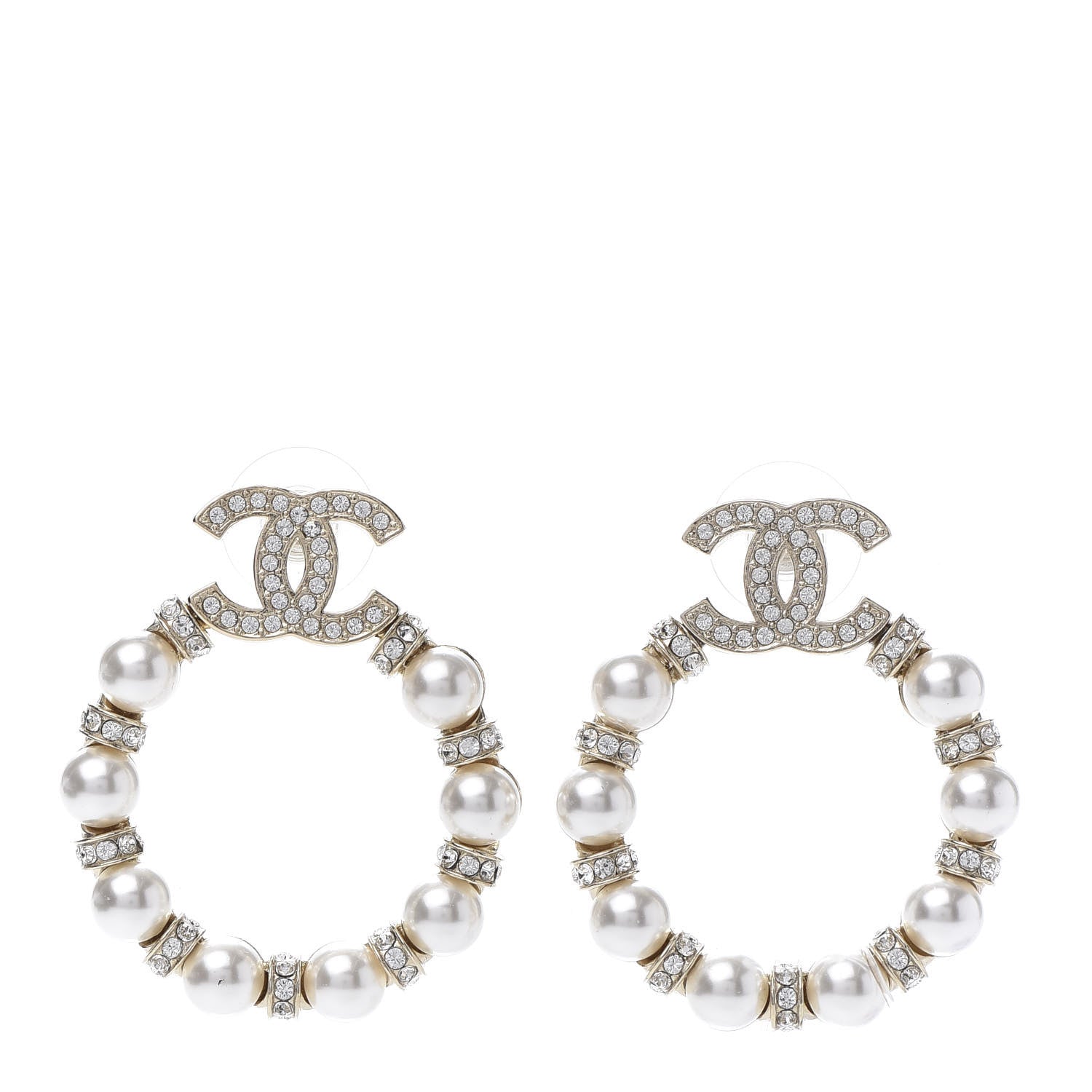 Chanel Pearl Crystal Nefertiti CC Drop Earrings Gold 1 of 5