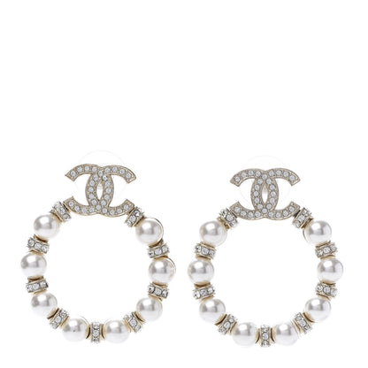 Chanel Pearl Crystal Nefertiti CC Drop Earrings Gold 1 of 5