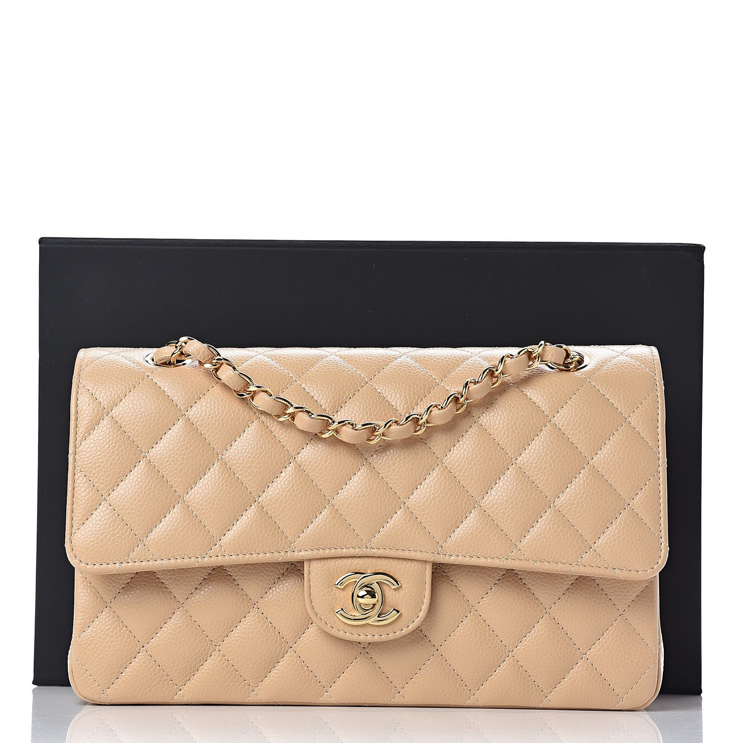 Caviar Quilted Medium Double Flap Beige Clair