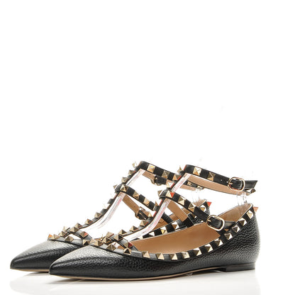 Valentino Garavani Pebbled Calfskin Rockstud Cage Ballerina Flats 38 Black 3 of 9