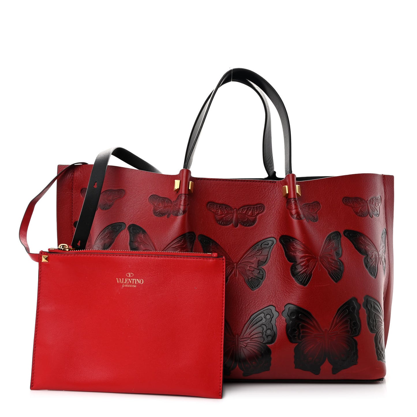 Grained Calfskin Butterfly Embossed Medium VLogo Escape Shopper Bag Red Black