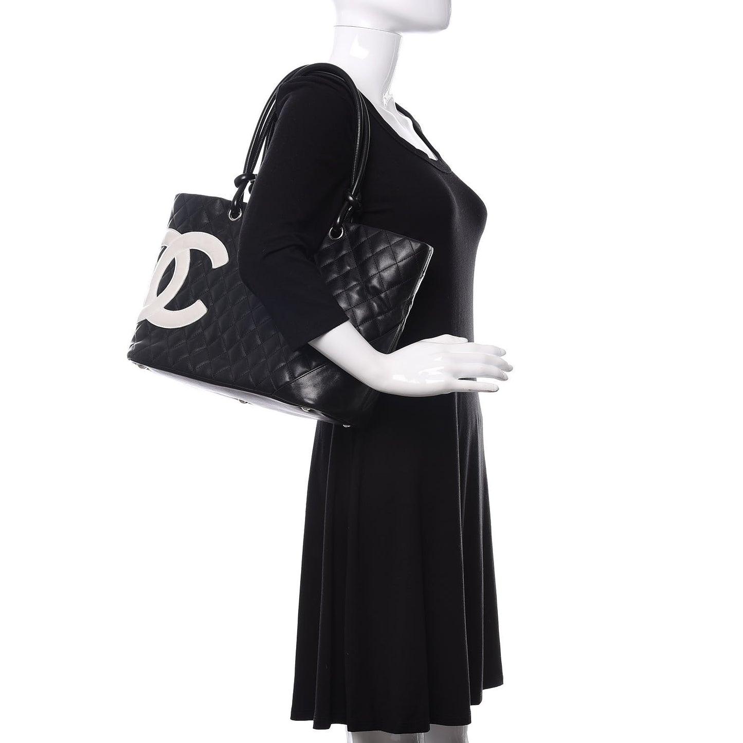Calfskin Quilted Large Cambon Tote Black White