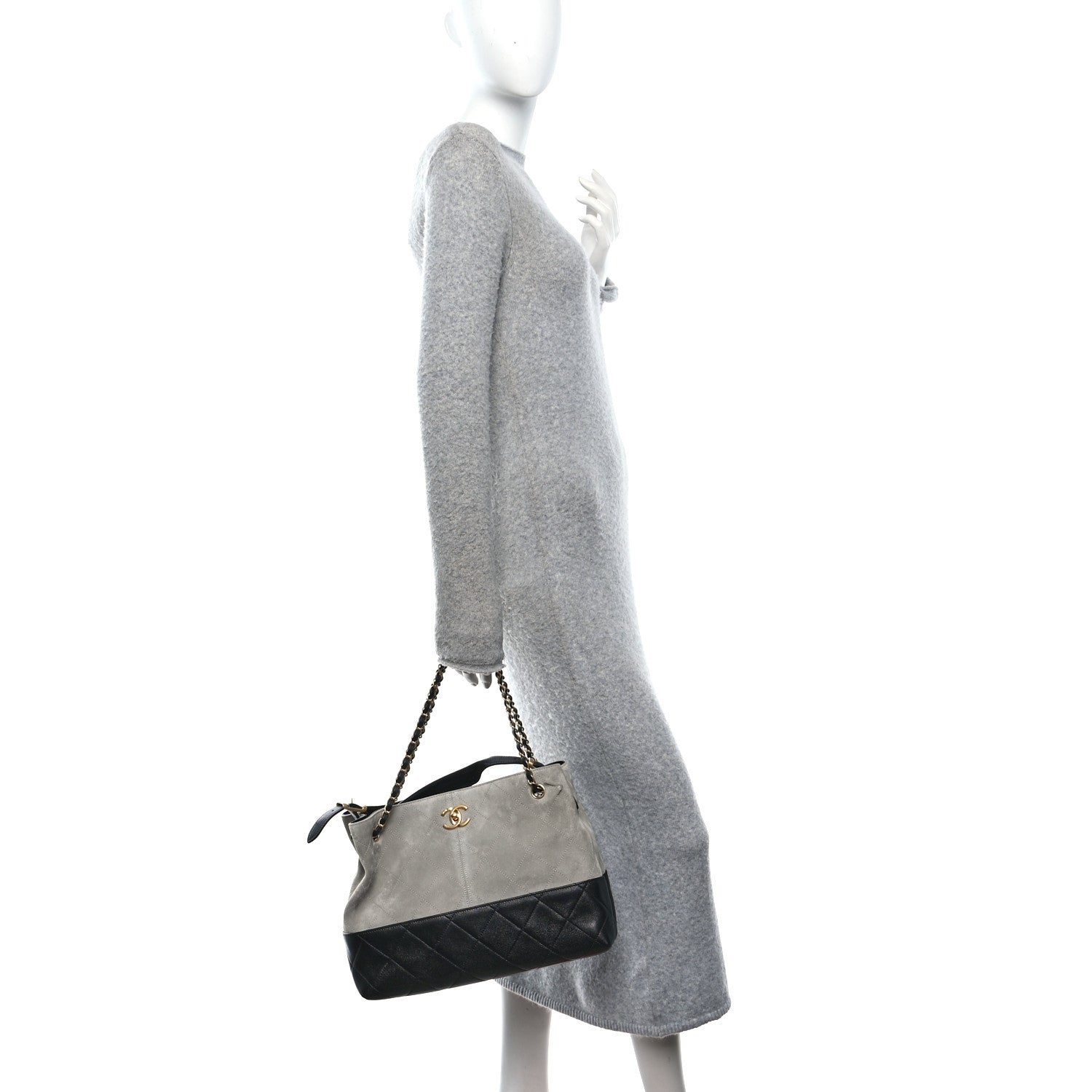 Chanel Suede Calfskin Shiny Lambskin Quilted Small Coco Base Shopping Bag Grey Black 3 of 21