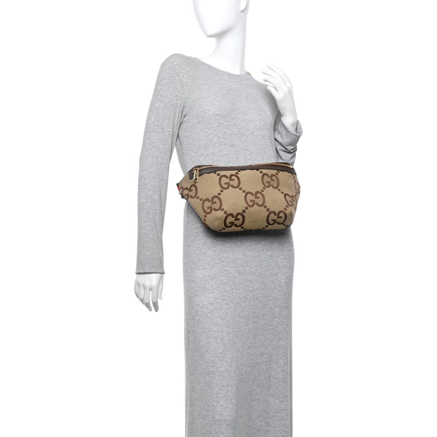 Gucci Monogram Jumbo GG Textured Dollar Calfskin Web Belt Bag Camel Ebony New Acero 2 of 11