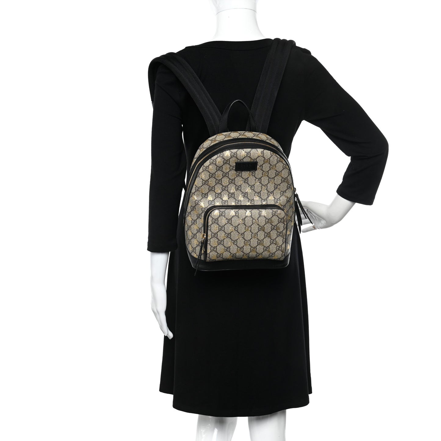 GG Supreme Monogram Bees Print Small Day Backpack Beige Oro Black