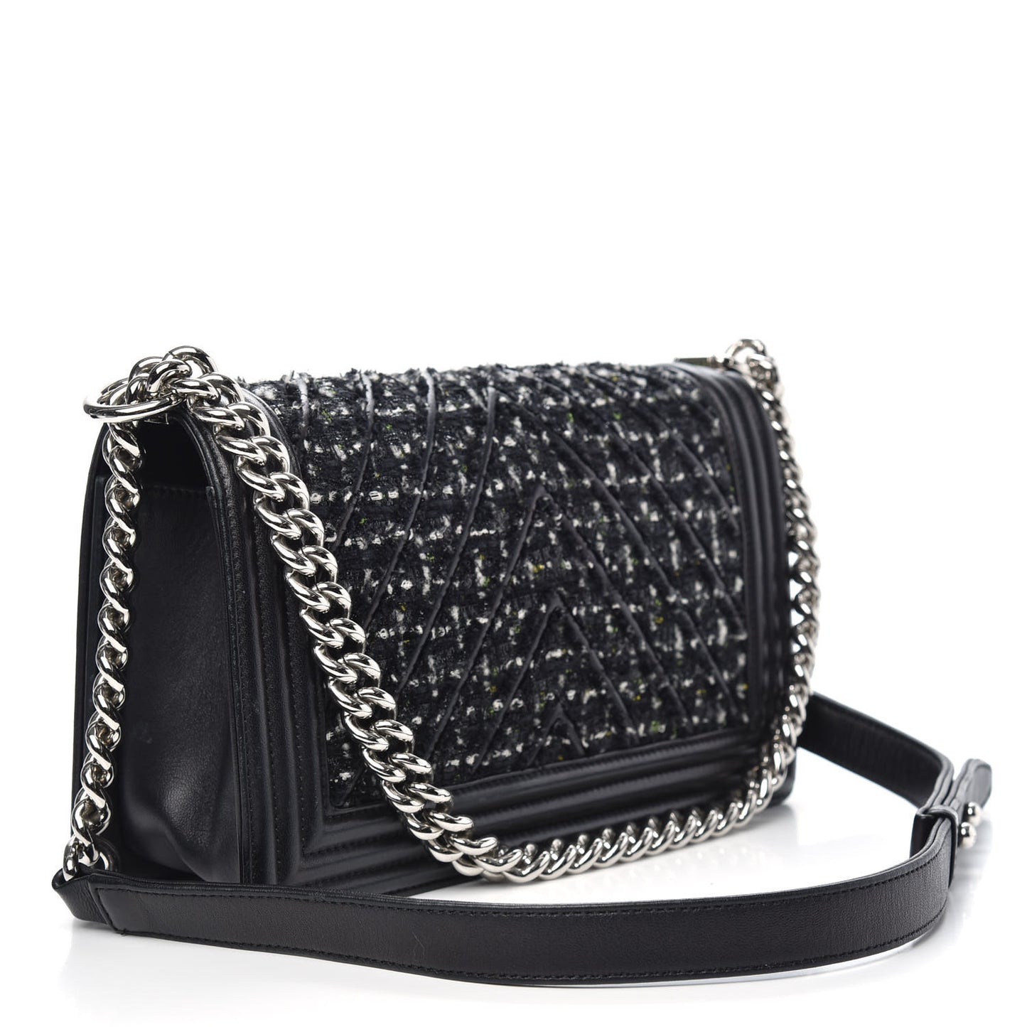 Lambskin Tweed Woven Medium Chevron Boy Flap Black