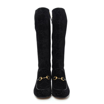 Gucci Velvet GG Monogram Crystal Horsebit Knee High Boots 40 Black 2 of 11