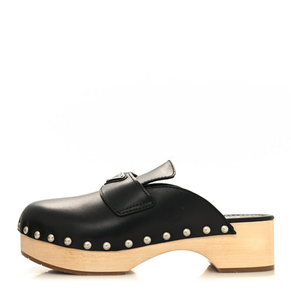 Prada Natural Calfskin Metal Triangle Logo 45mm Clogs 39 Black Sabbia 1 of 8