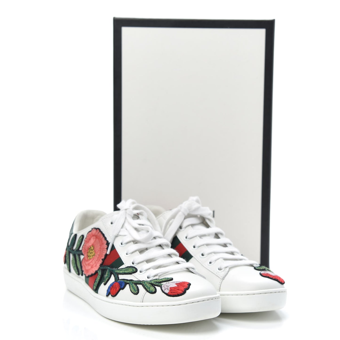 Calfskin Web Floral Embroidered Womens Ace Sneakers 37.5 White