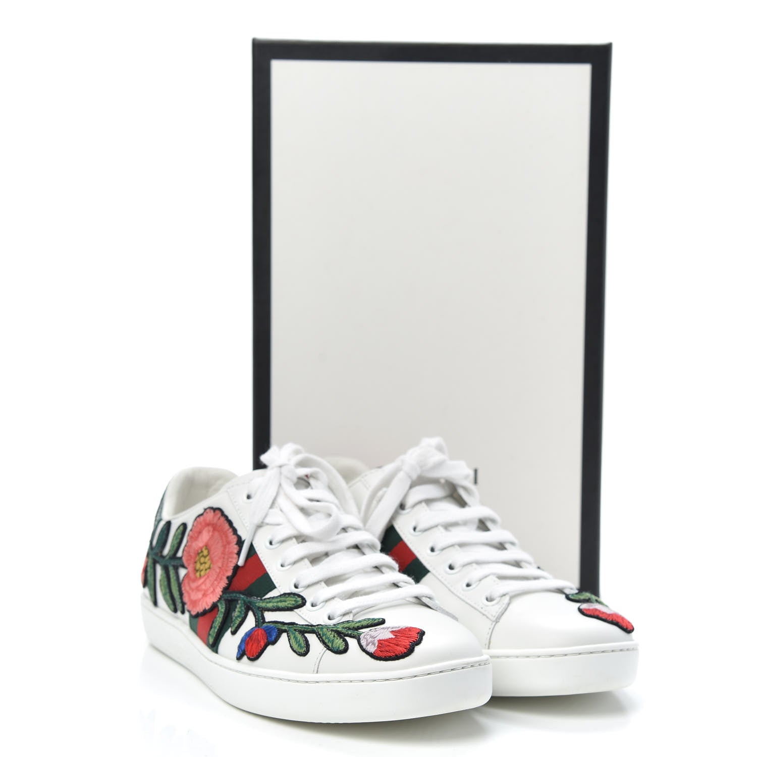 Gucci Calfskin Web Floral Embroidered Womens Ace Sneakers 37.5 White 10 of 10