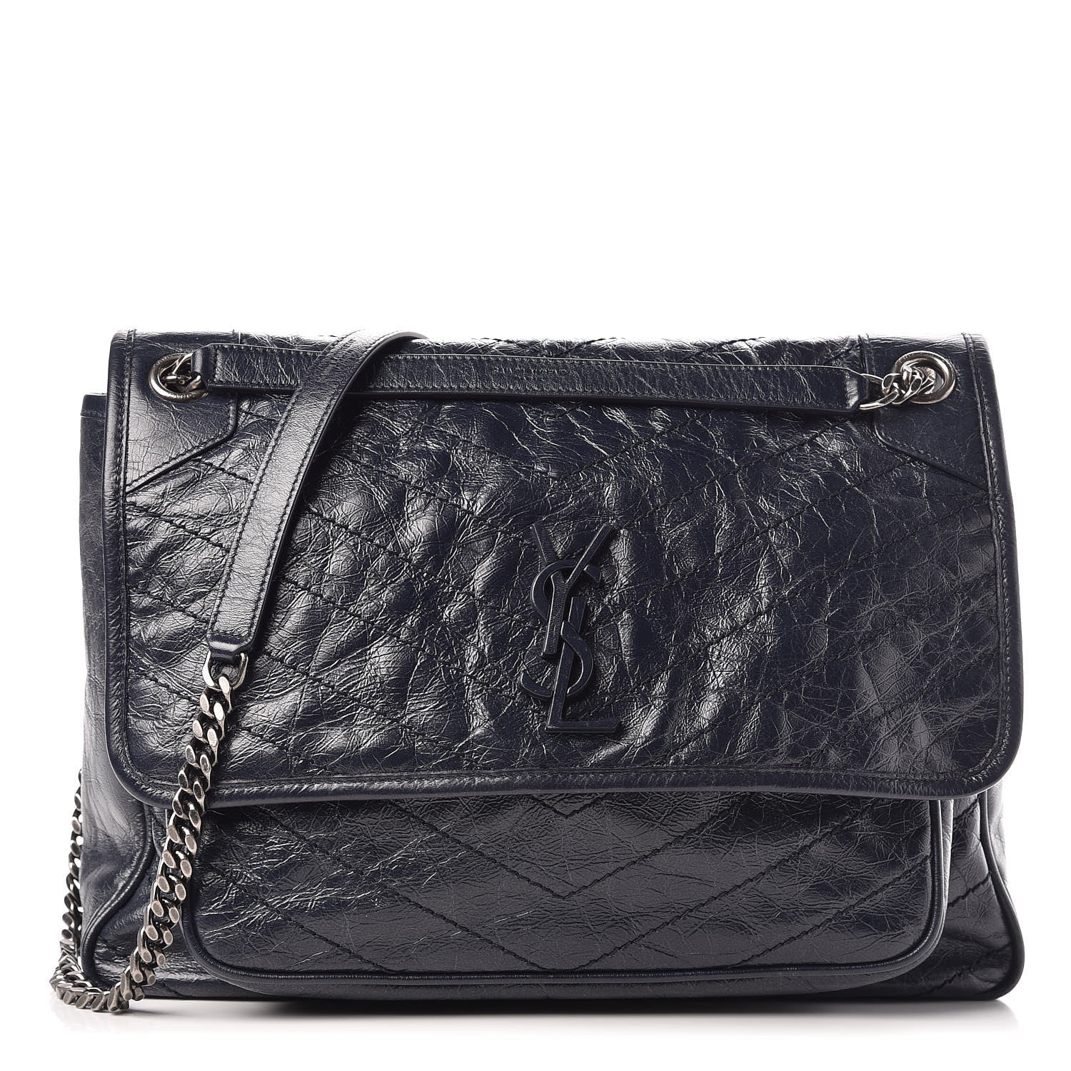 Saint Laurent Crinkled Calfskin Matelasse Monogram Large Niki Chain Satchel Deep Marine 1 of 8