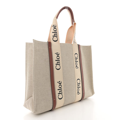 Chloe Cotton Calfskin Large Woody Ribbon Tote White Brown 3 of 10