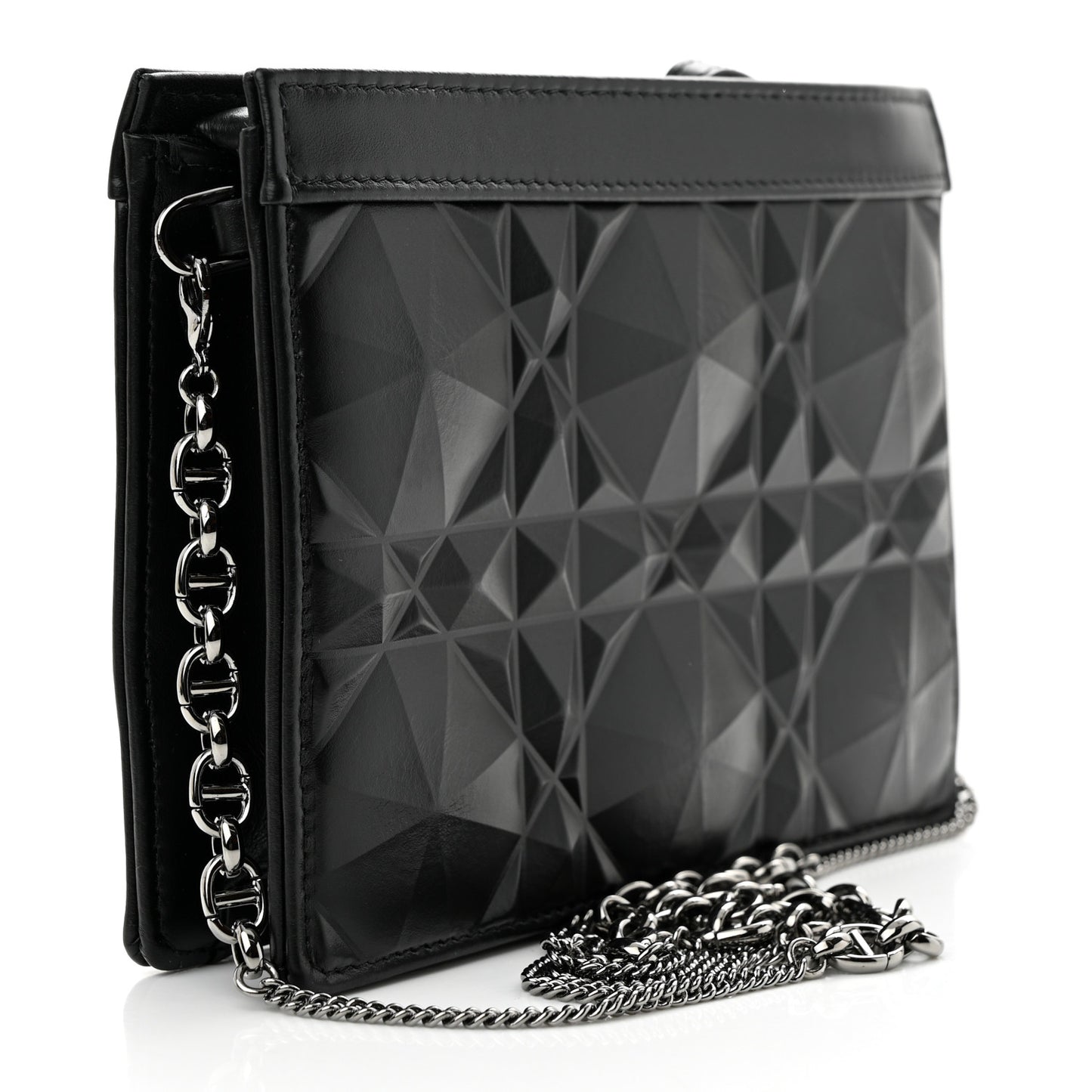 CHRISTIAN DIOR Calfskin Macrocannage Diamond Caro Zipped Pouch With Chain Black