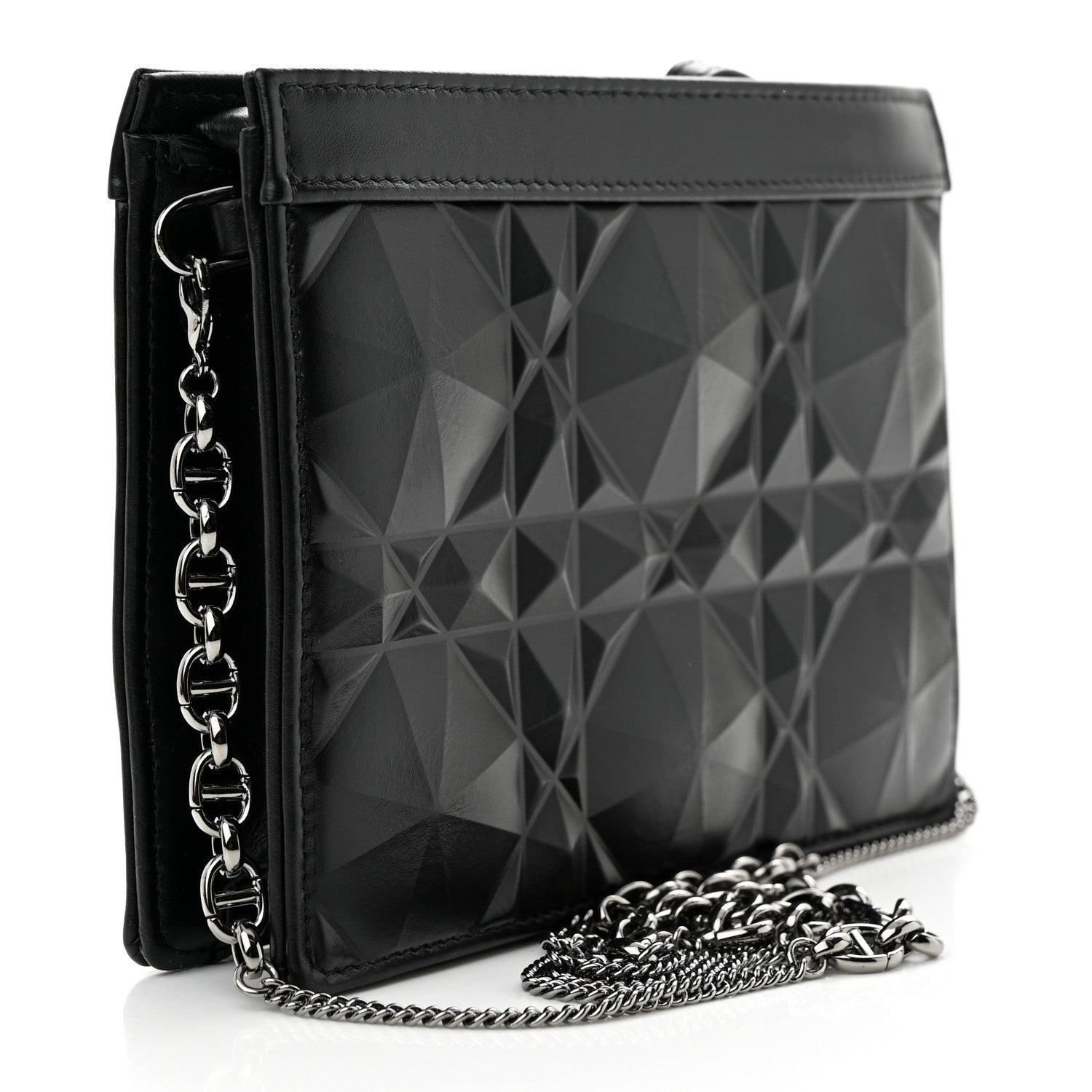 Christian Dior CHRISTIAN DIOR Calfskin Macrocannage Diamond Caro Zipped Pouch With Chain Black 3 of 11