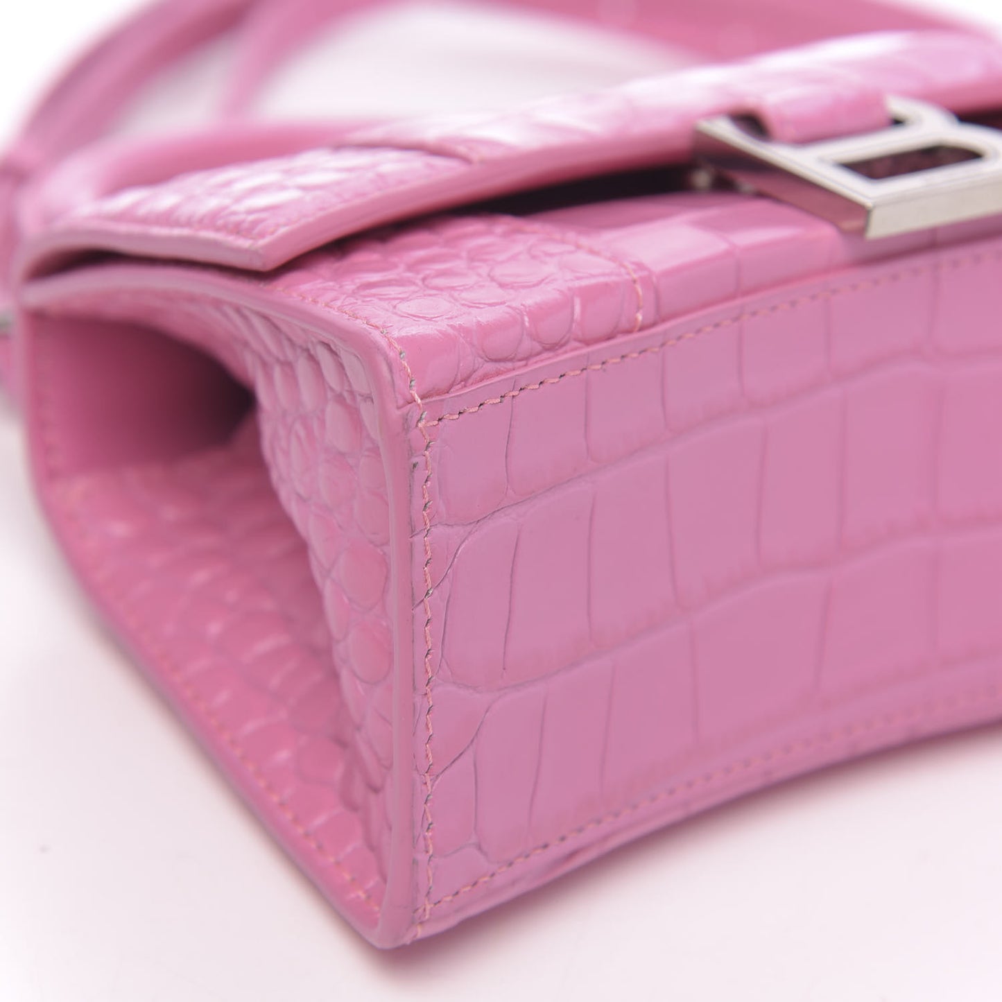 Shiny Calfskin Crocodile Embossed Hourglass Top Handle Bag XS Baby Pink