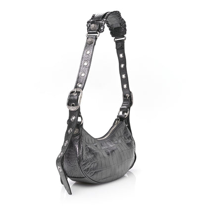 Balenciaga Extra Supple Calfskin Crystal Crocodile Embossed Le Cagole Shoulder Bag XS Gunmetal 4 of 11