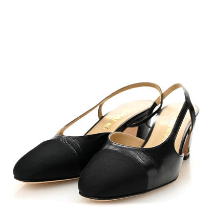Chanel Goatskin Grosgrain Cap Toe CC Slingback Pumps 37 Black 2 of 8