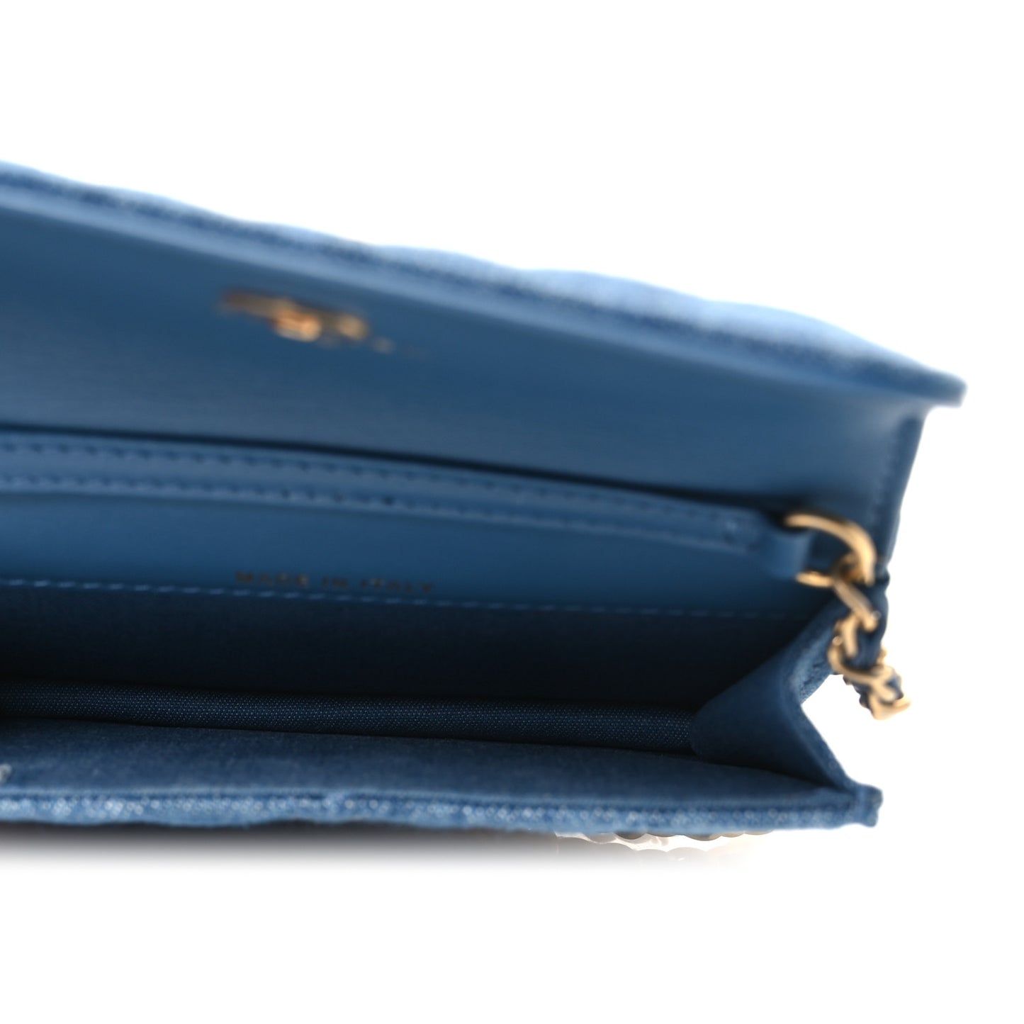 Denim Quilted CC Pearl Crush Clutch With Chain Blue Blue