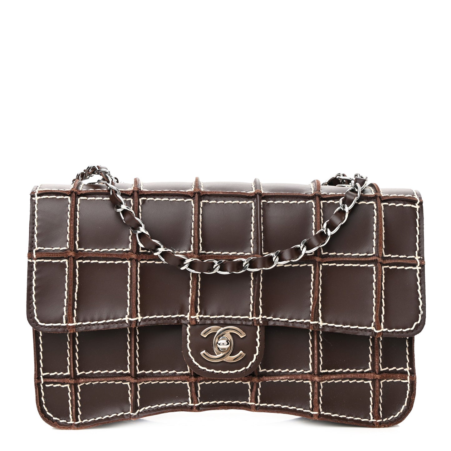 Lambskin Contrast Square Stitch Flap Brown
