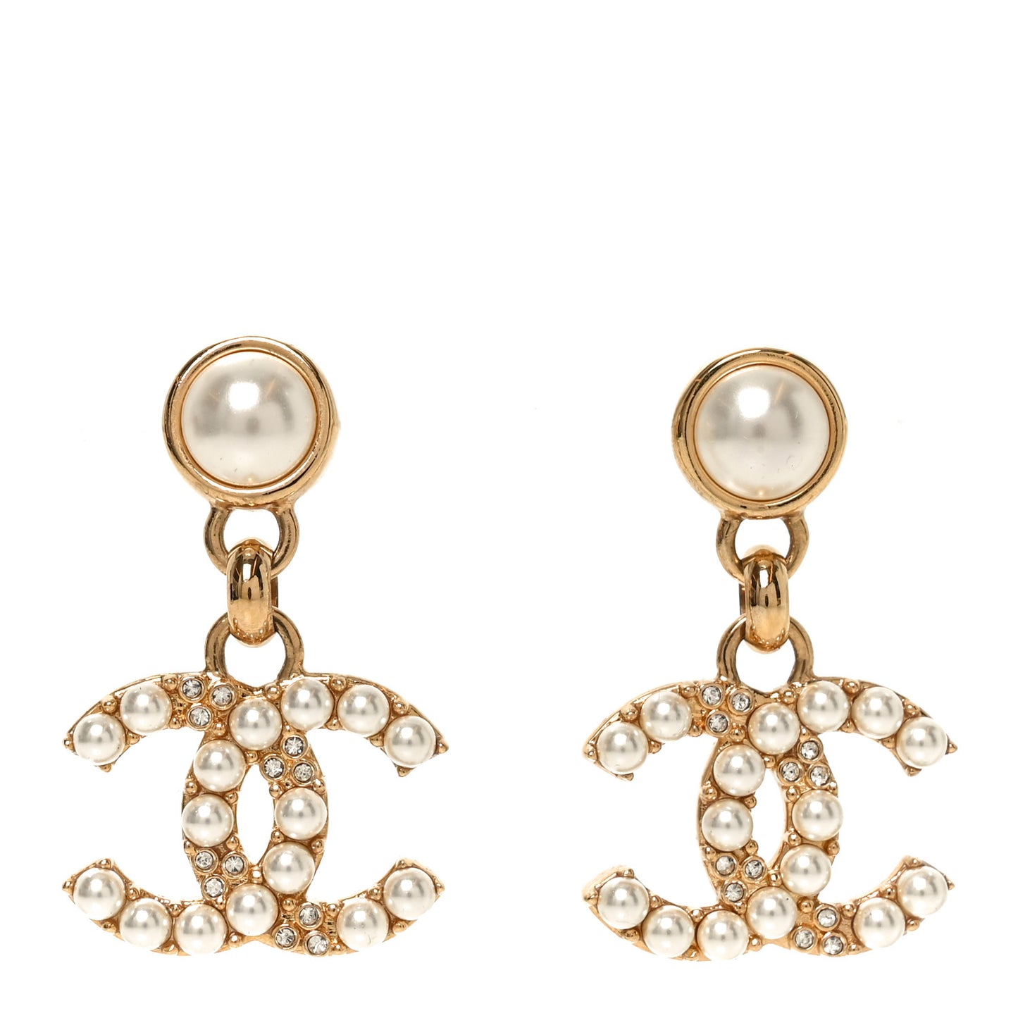 Metal Crystal Pearl CC Pendant Earrings Gold