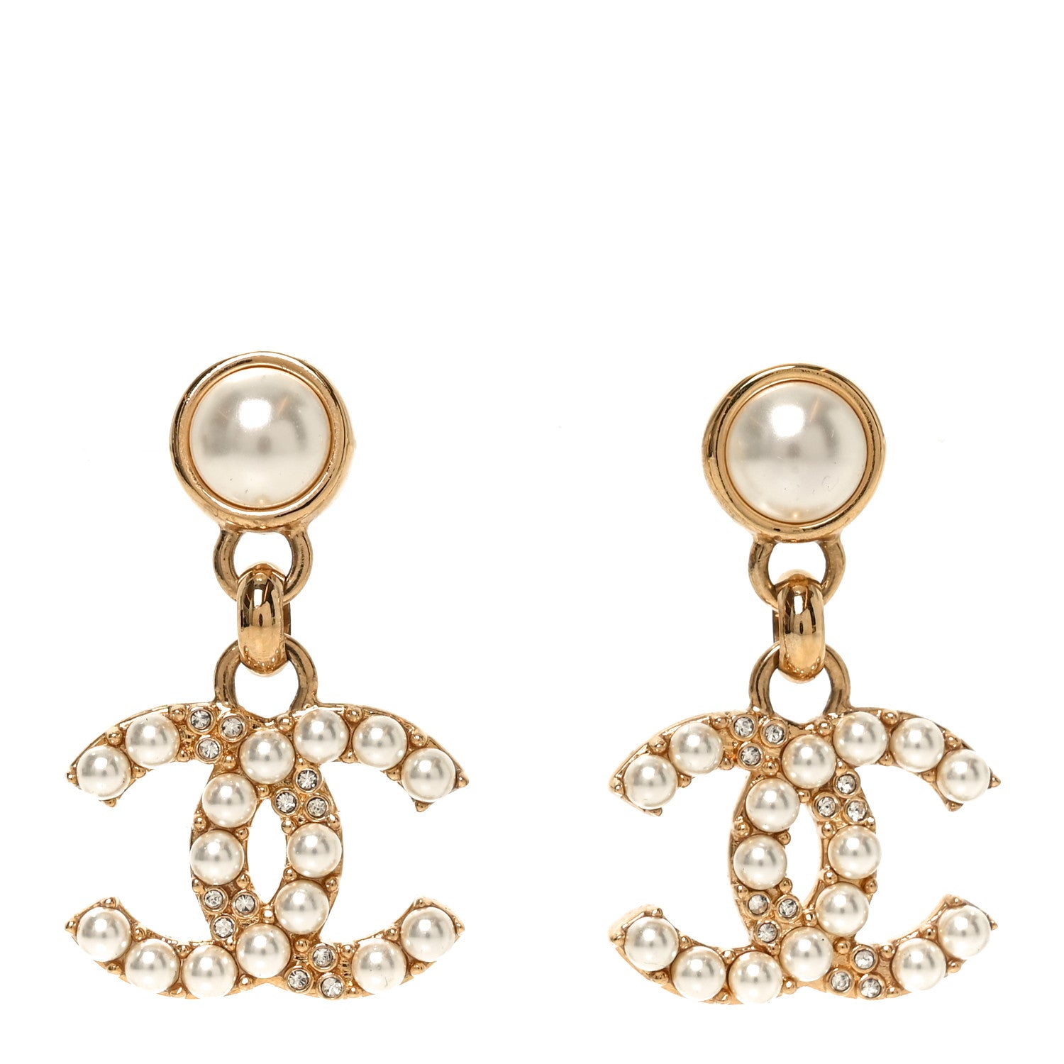 Chanel Metal Crystal Pearl CC Pendant Earrings Gold 1 of 4